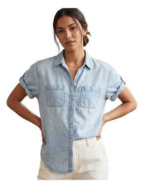 Light Wash Express XS Denim chambray Jean shirt short sleeves pockets Blue